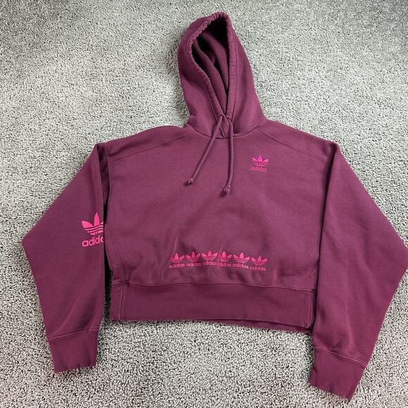 adidas Tops - Adidas Trefoil Hoodie Womens Medium Burgundy Red Logo Play Cropped Sweatshirt *